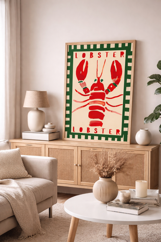 Affiche homard vintage rouge “Lobster” style marin rétro, décoration murale cuisine bord de mer design graphique