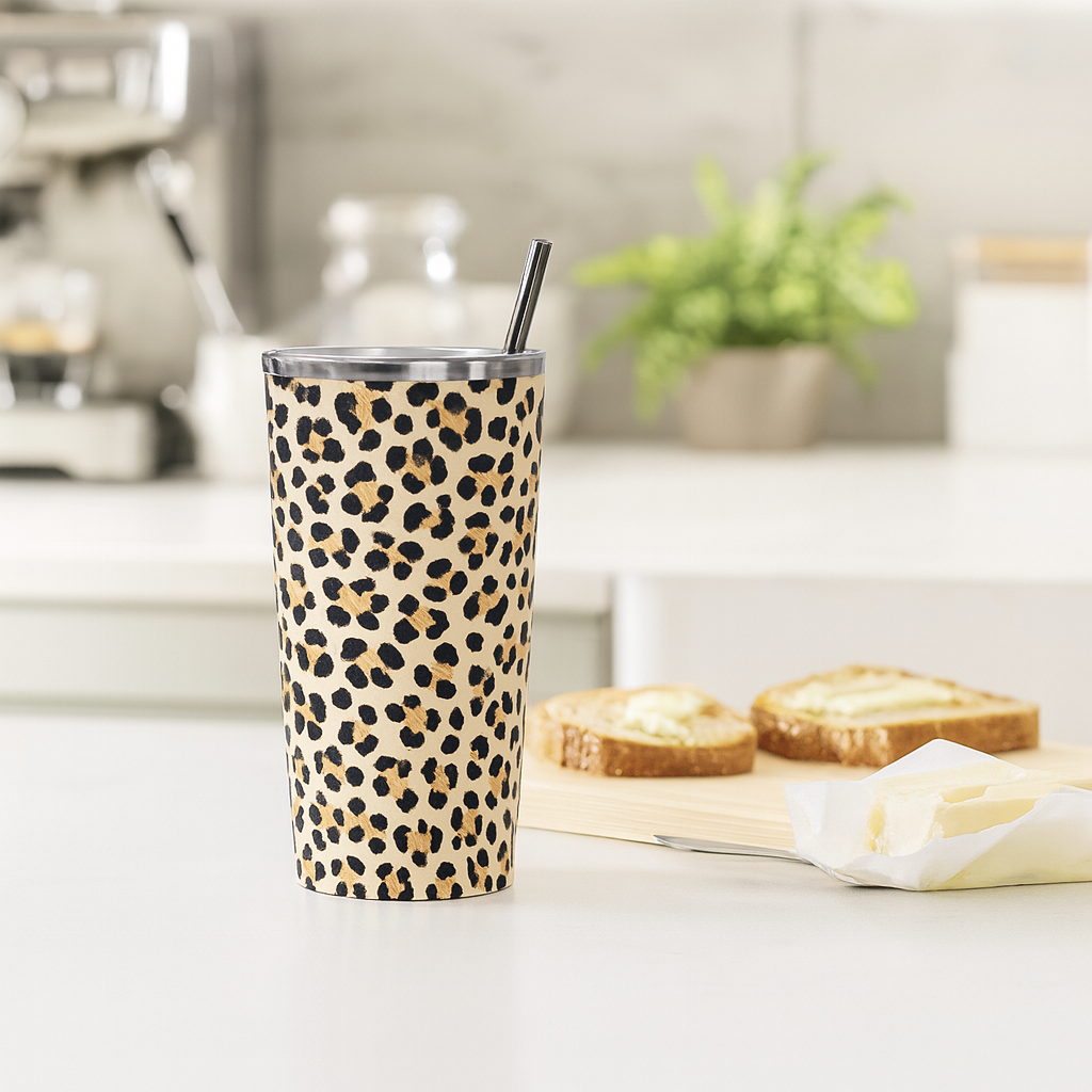 Thermos Léopard design posé sur une table en bois – mug inox pratique et élégant