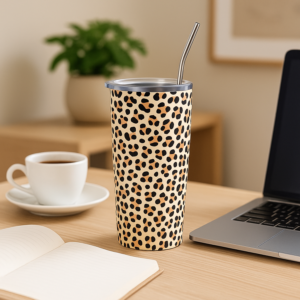 Mug isotherme Thermos Léopard clair sur un bureau moderne avec ordinateur et carnet