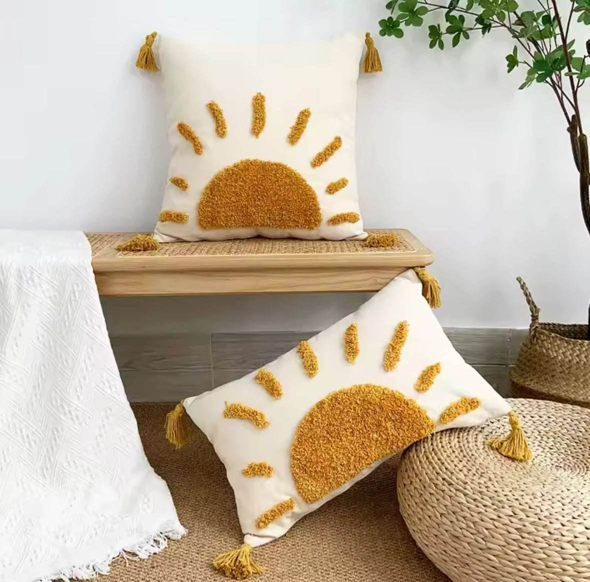 Housse de coussin Soleil tufté en coton – Déco bohème et chaleureuse pour canapé de Coussin Soleil Tufté