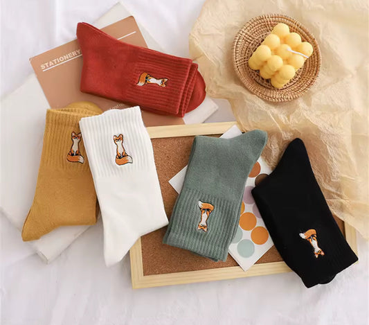 Chaussettes renard brodées en coton doux