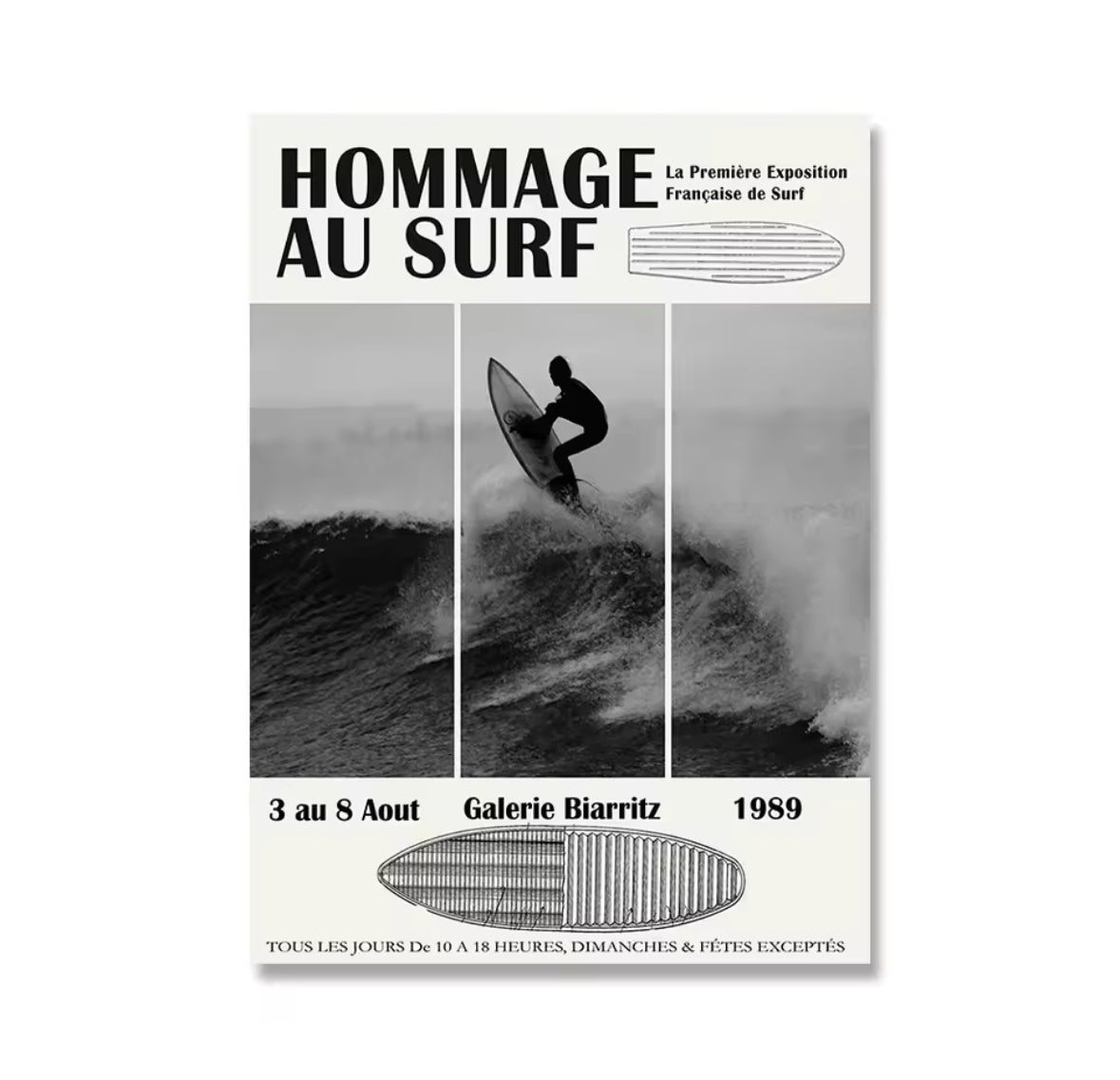 Affiche artistique Hommage au Surf encadrée, surfeur en action sur les vagues, design graphique rétro de l’exposition Biarritz 1989.  Tu veux que je t’en fasse aussi pour d’autres produits ? Ou t’aider à automatiser ça dans Shopify ?