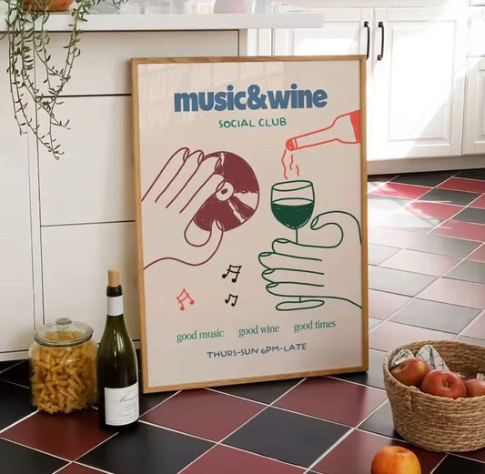 Affiche Music & Wine Social Club encadrée, illustration décorative vin et musique, style rétro moderne pour salon