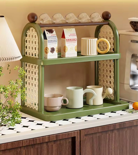 Étagère de rangement rétro en cannage – Vert olive
