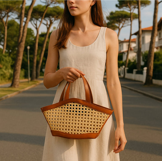 Femme tenant un sac trapèze en rotin tressé avec cuir vegan camel dans un décor estival bohème