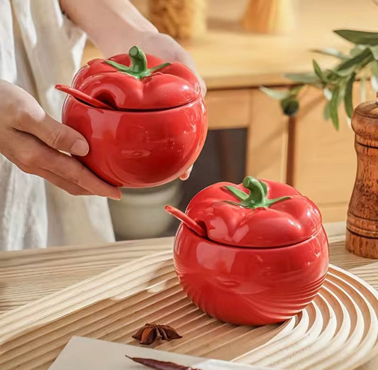 Sucrier tomate en céramique rouge avec couvercle, accessoire café design original
