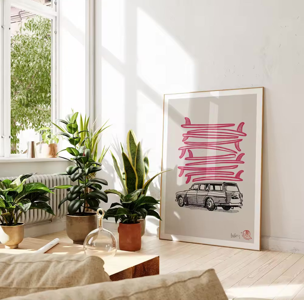 Déco intérieure avec affiche surf et van, vibes rétro et ambiance van aménagé