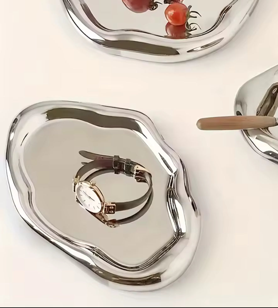 Vide poche chromé élégant effet miroir argenté pour entrée ou bureau