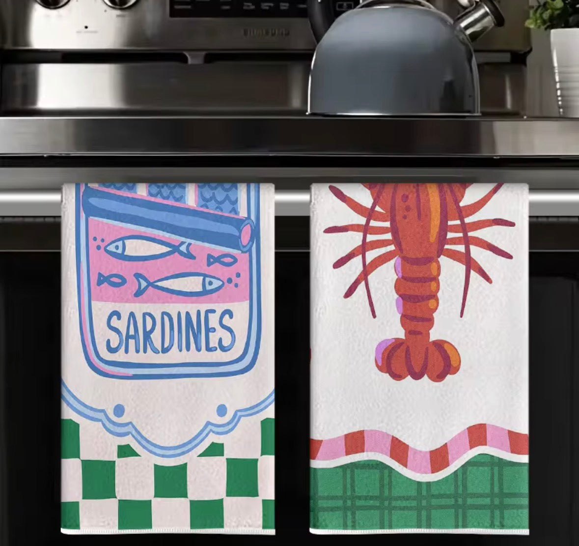 torchon cuisine motif marin sardine et homard design