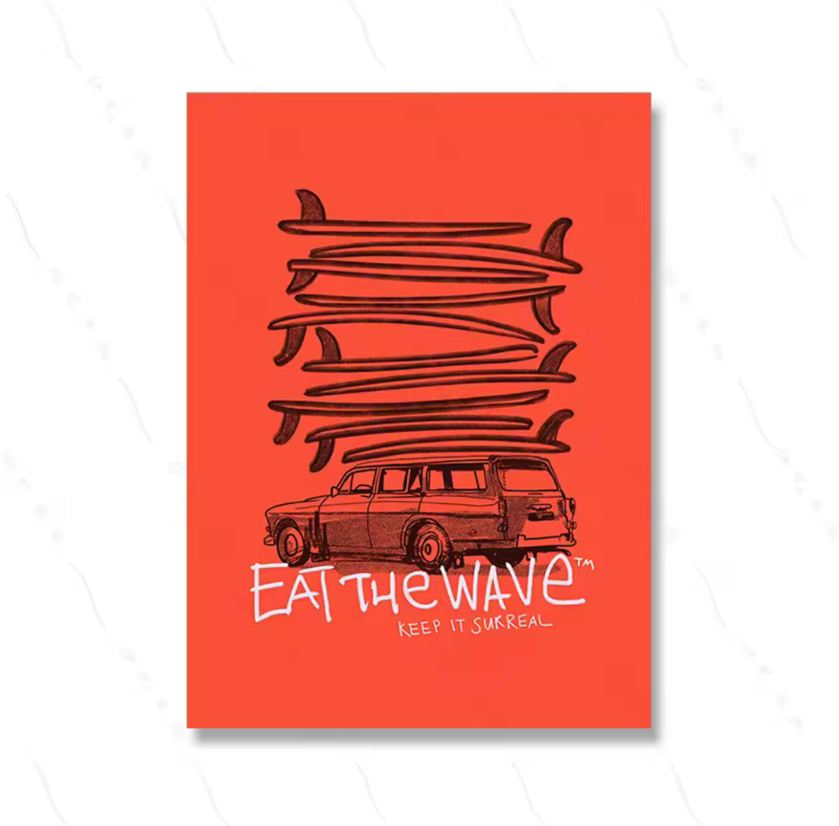 Poster déco rouge Eat the Wave – planches de surf et break vintage, vibes road trip surf