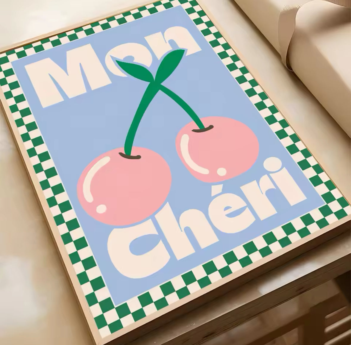Affiche Mon Chéri grand format cerises roses sur fond bleu