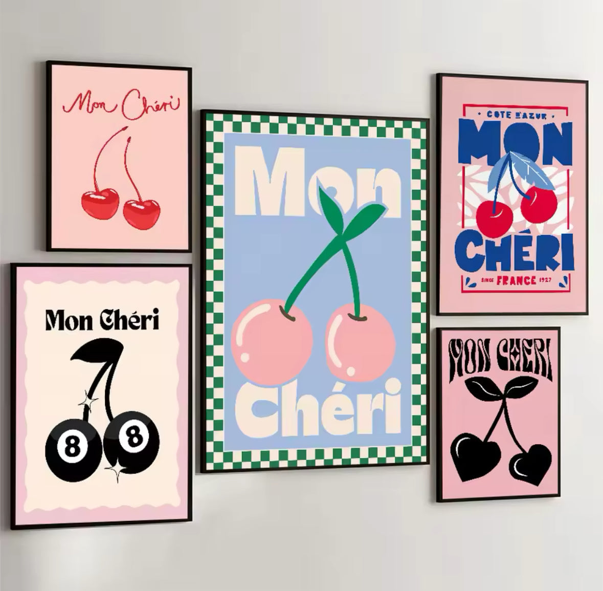 Affiche Mon Chéri avec cerises rouges style pop art déco