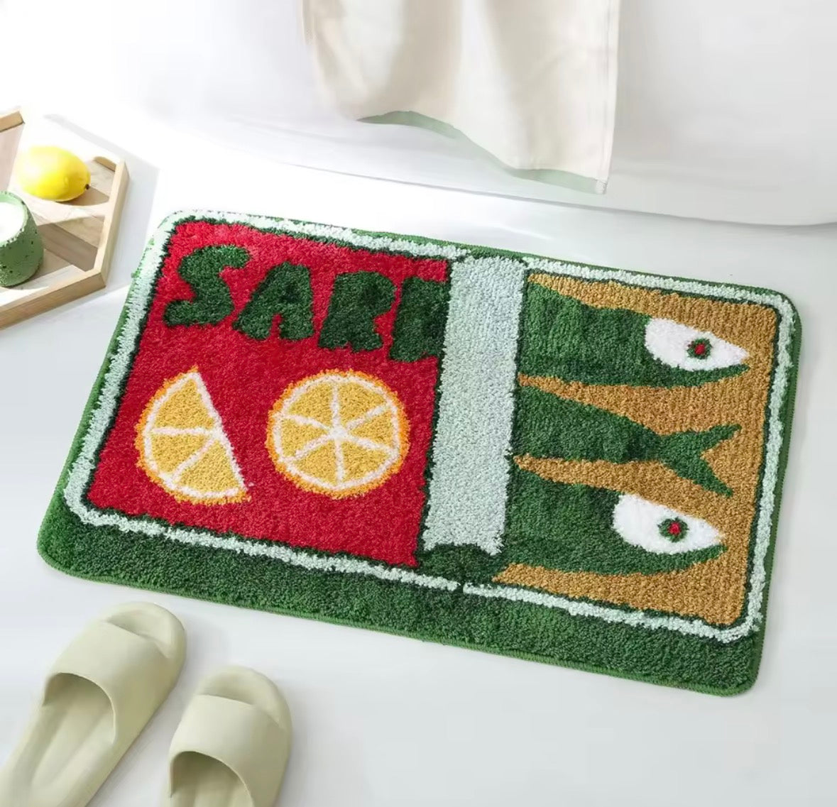 Tapis de bain sardines vert et rouge style vintage antidérapant tapis cuisine ou salle de bain déco méditerranéenne