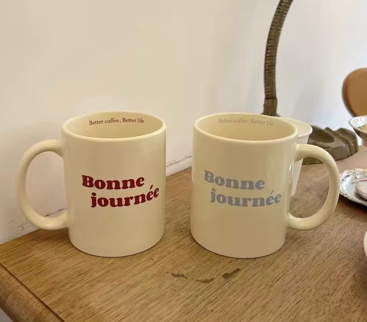 Tasse café inscription Bonne Journée style vintage français couleur bordeaux en céramique