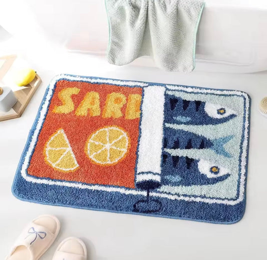 Tapis de bain sardines vintage bleu et orange antidérapant design méditerranéen original salle de bain moderne
