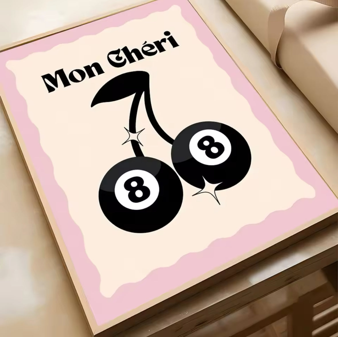 Poster Mon Chéri billes de billard 8 sur fond pastel