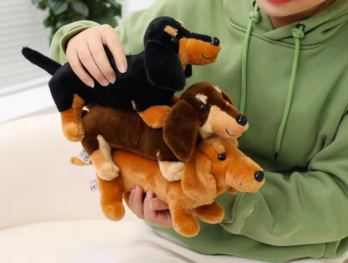Chien saucisse en peluche décorative, jouet moelleux pour chambre enfant.