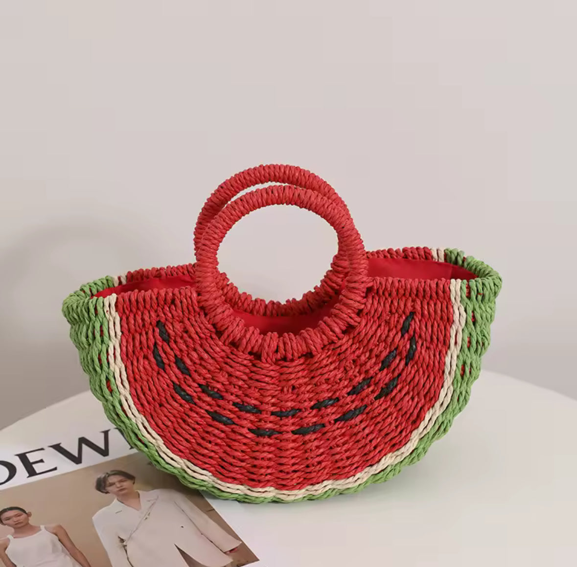 Sac à main pastèque en paille tressée pour femme, accessoire estival original et coloré