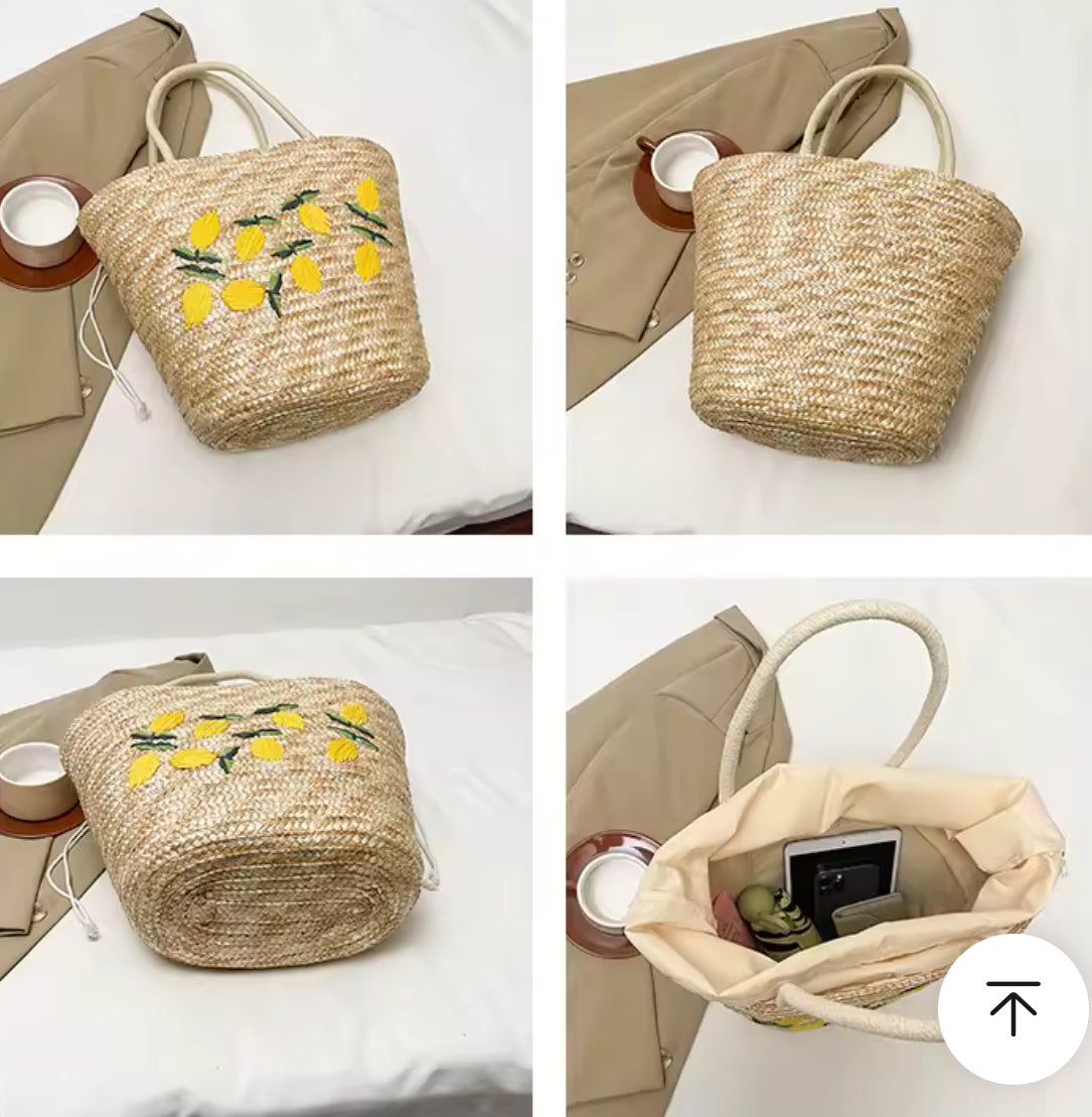 Sac en paille avec doublure tissu et fermeture par cordon – motif citron brodé