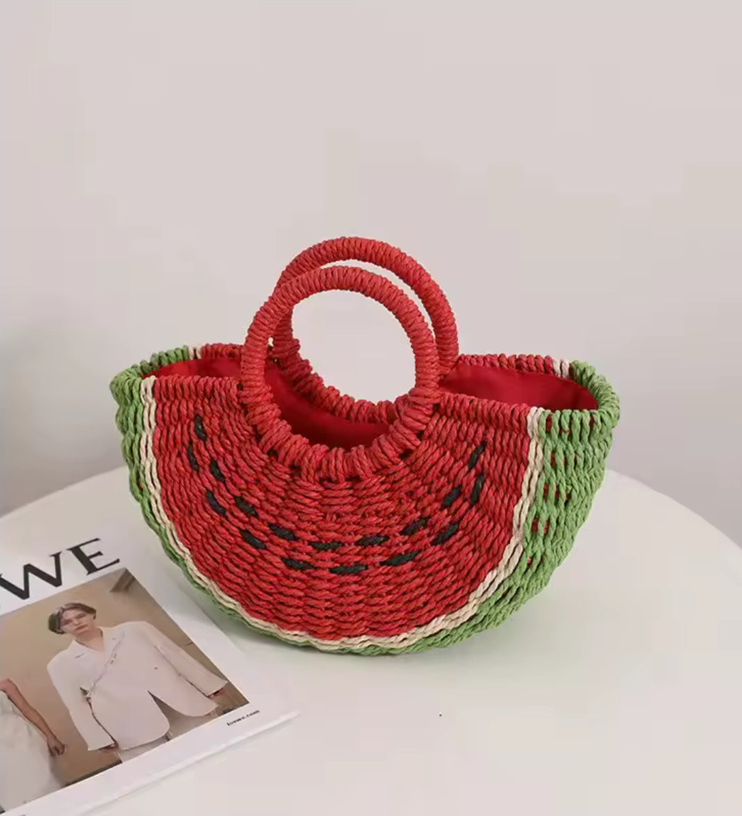Sac demi-lune en forme de pastèque, fait main en paille naturelle, style bohème chic pour l’été
