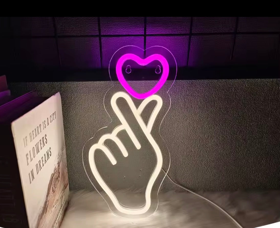 Lampe néon LED murale main avec cœur rose pour décoration intérieure