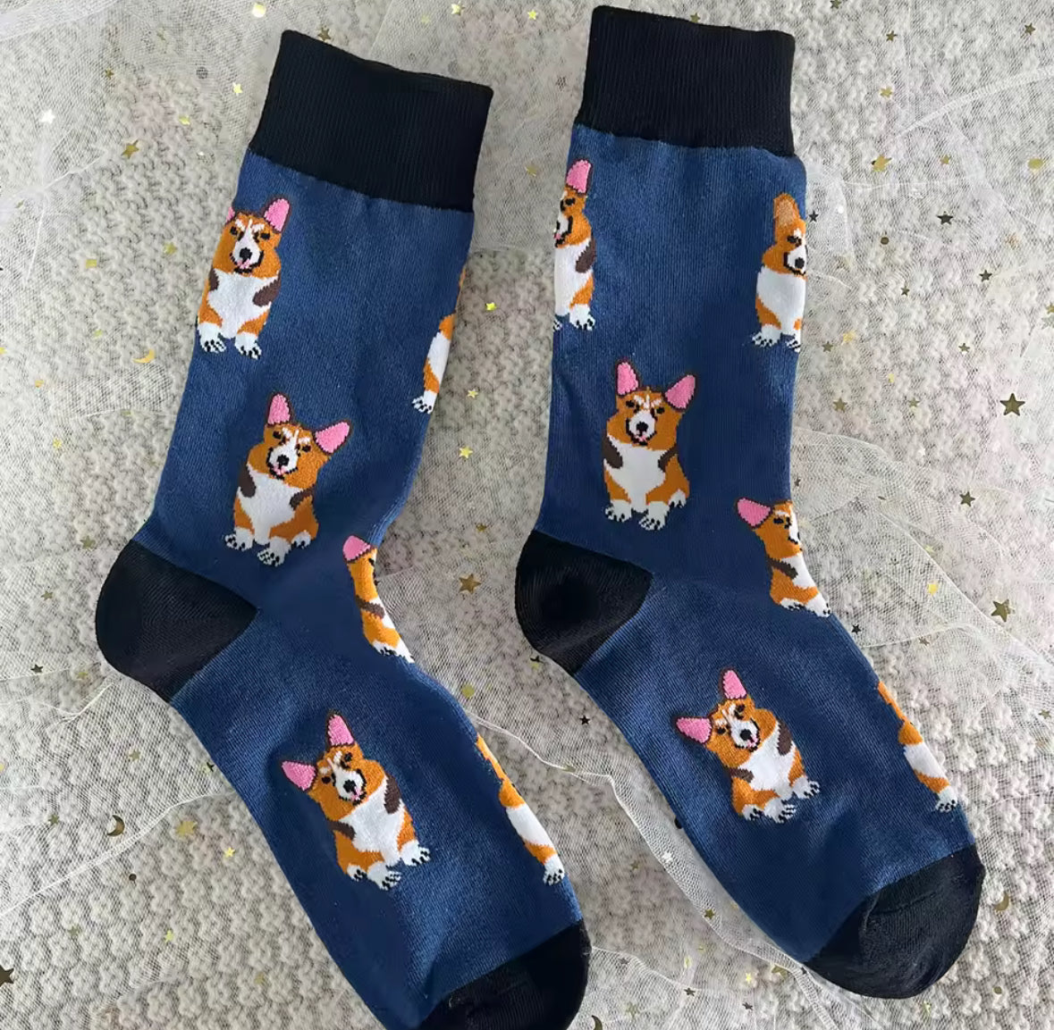 Chaussettes bleu motif Corgi pour homme et femme en coton respirant