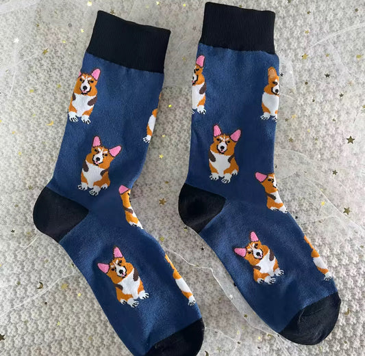 Chaussettes bleu motif Corgi pour homme et femme en coton respirant