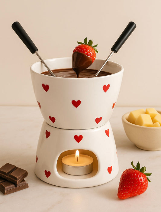 Appareil à fondue en céramique 300 ml avec bougie chauffe-plat, idéal pour fondue au chocolat ou fromage, design compact et décoratif.