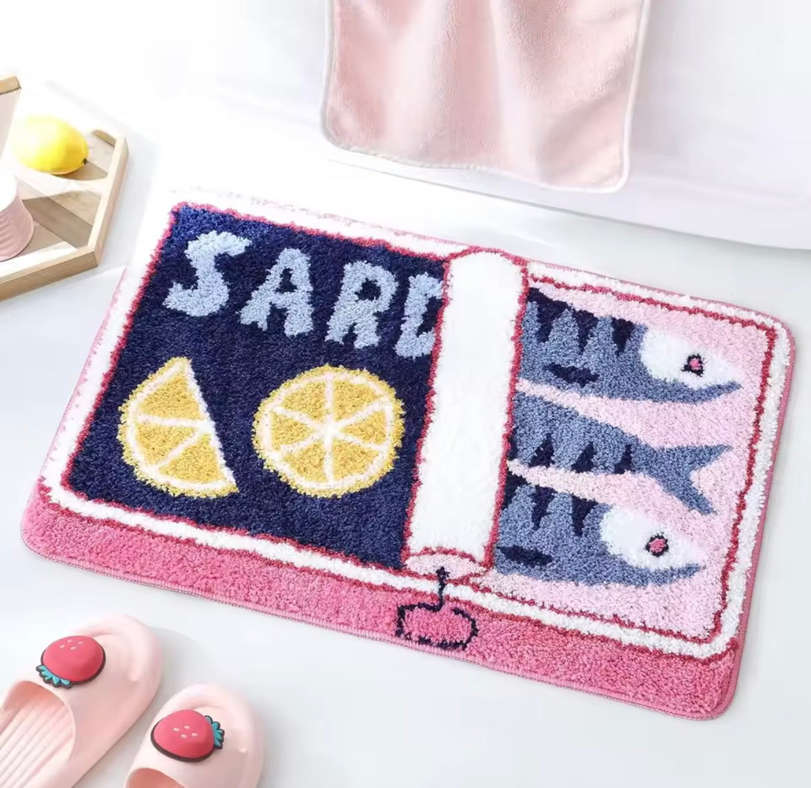 Tapis de bain sardines rose et bleu ultra doux antidérapant tapis salle de bain design original tendance déco maison