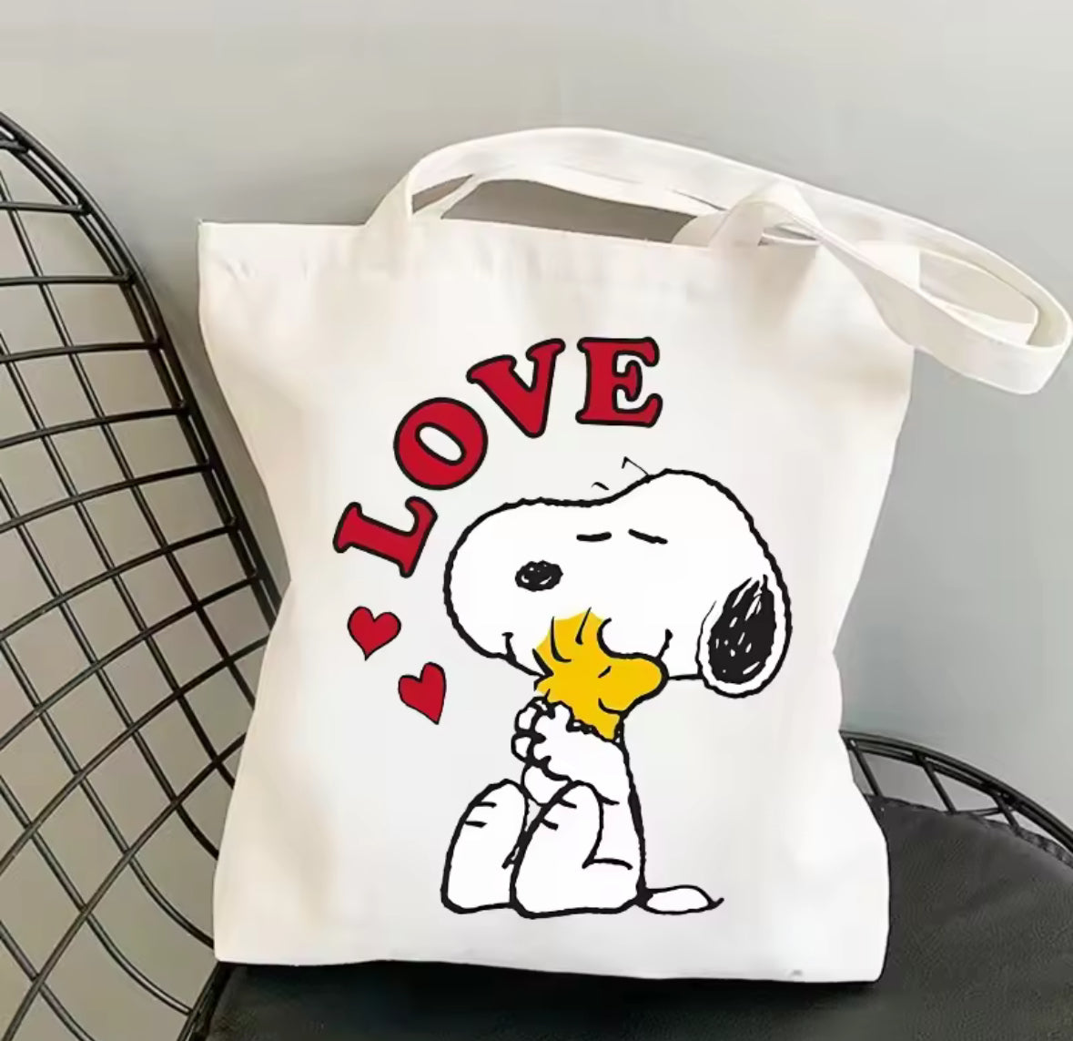 Cabas Snoopy Take Care With – Tote bag en toile avec cœur rouge