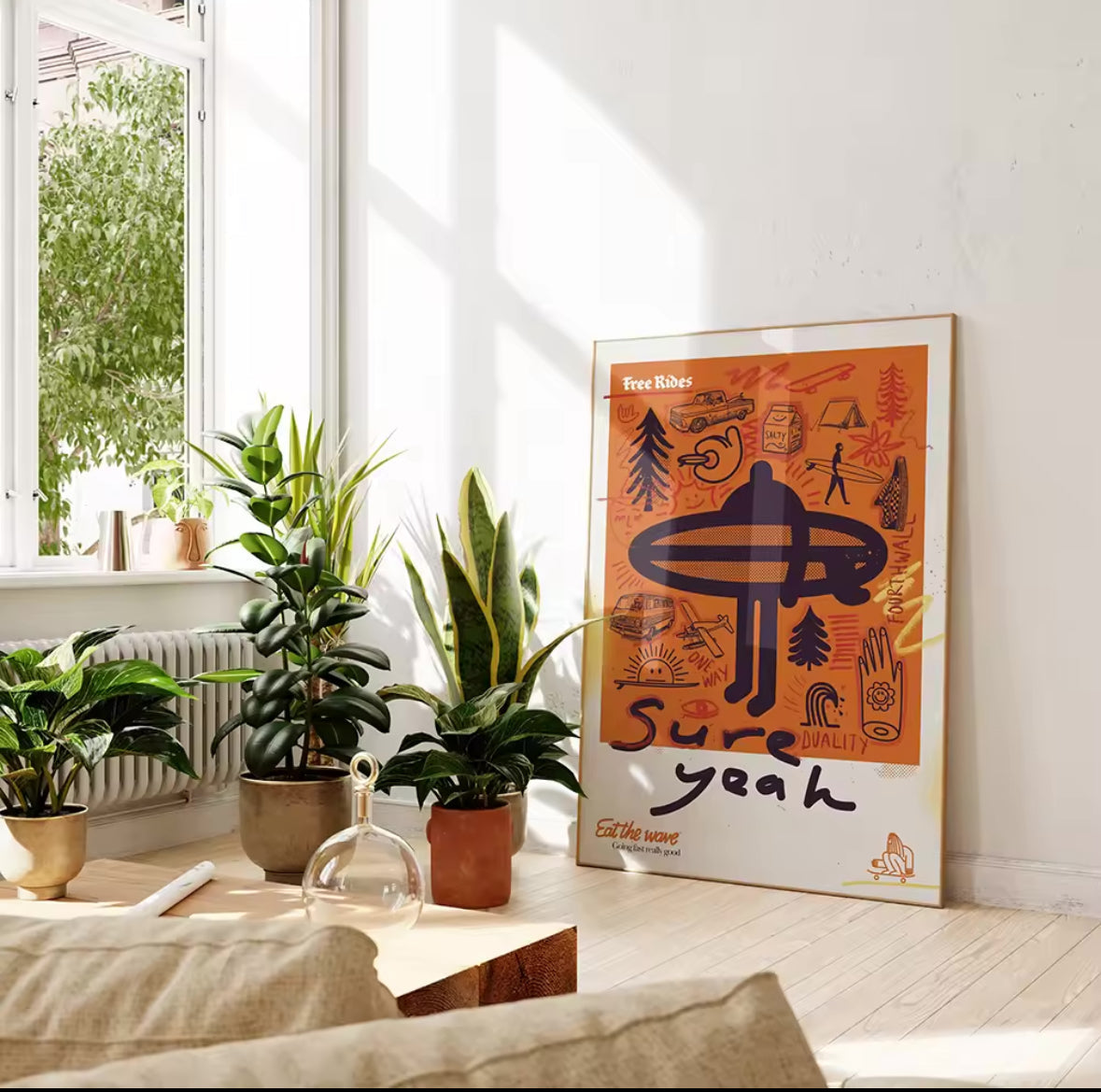 Poster déco Esprit Surf et Vanlife dans intérieur naturel avec plantes, lifestyle chill