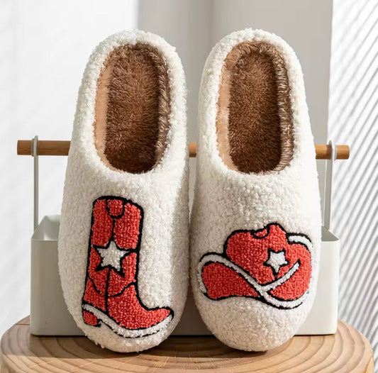Chaussons Cowgirl Style automne hiver avec motifs bottes et chapeau western