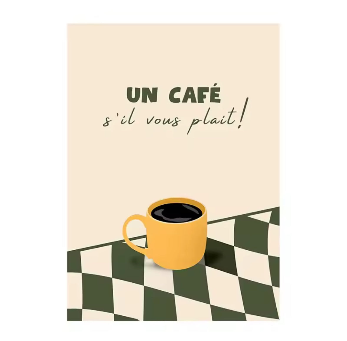 Affiche “Un Café s’il vous plaît” avec tasse jaune et carreaux verts – déco bistrot, cuisine et coffee shop