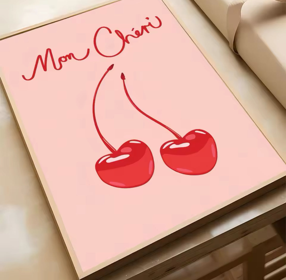 Affiche Mon Chéri minimaliste avec deux cerises rouges