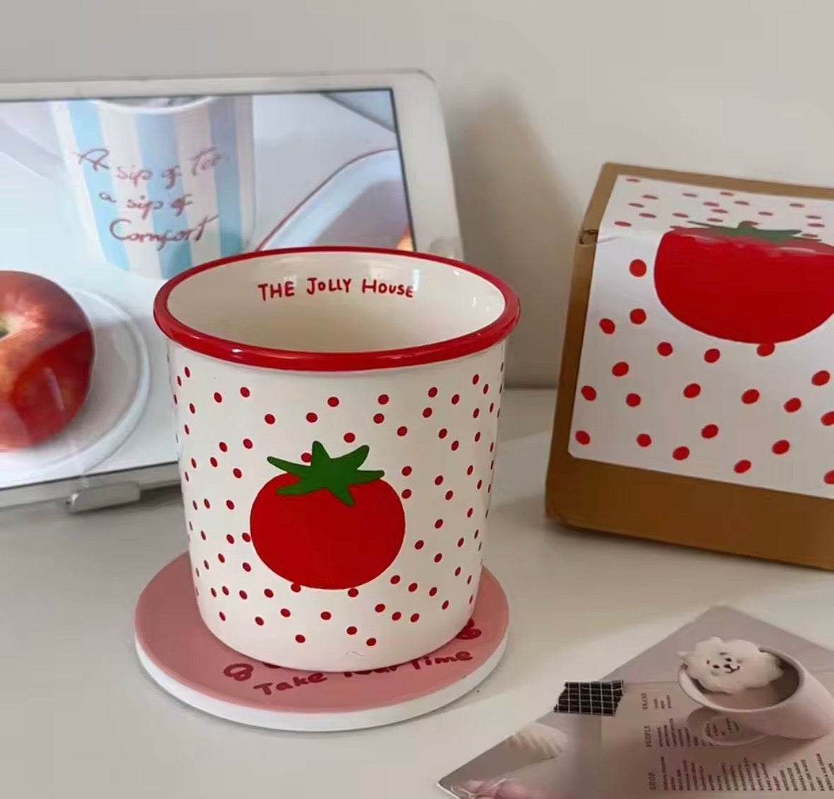 Tasse tomate en céramique design rétro rouge pour café et thé