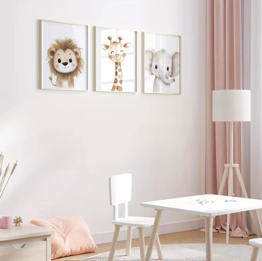 Trio mural enfant animaux poétiques illustrations d’animaux, idéal pour une chambre cosy et chaleureuse