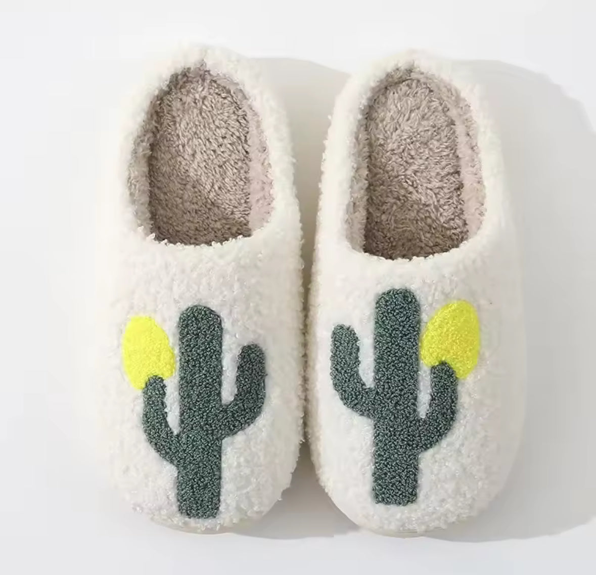Pantoufles Cactus en coton blanc, semelles épaisses antidérapantes, idéales pour l'été à la maison.