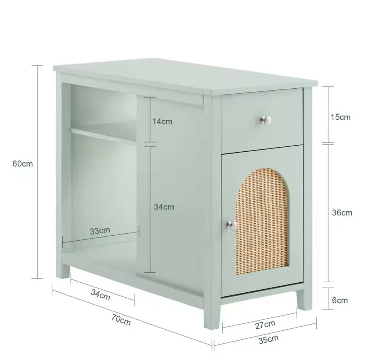 Table de chevet vert sauge compacte avec tiroir et niche – Maison Pamplune, parfaite pour les intérieurs tendance et organisés.