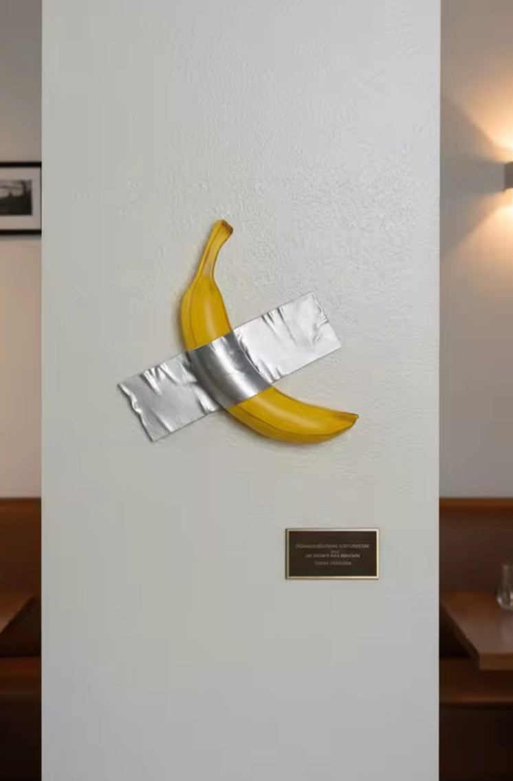 Banane décorative fixée au mur avec ruban adhésif métallisé, œuvre d’art humoristique moderne