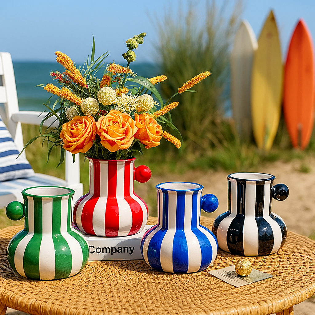 Vase rayé en céramique multicolore avec fleurs – décoration intérieure moderne