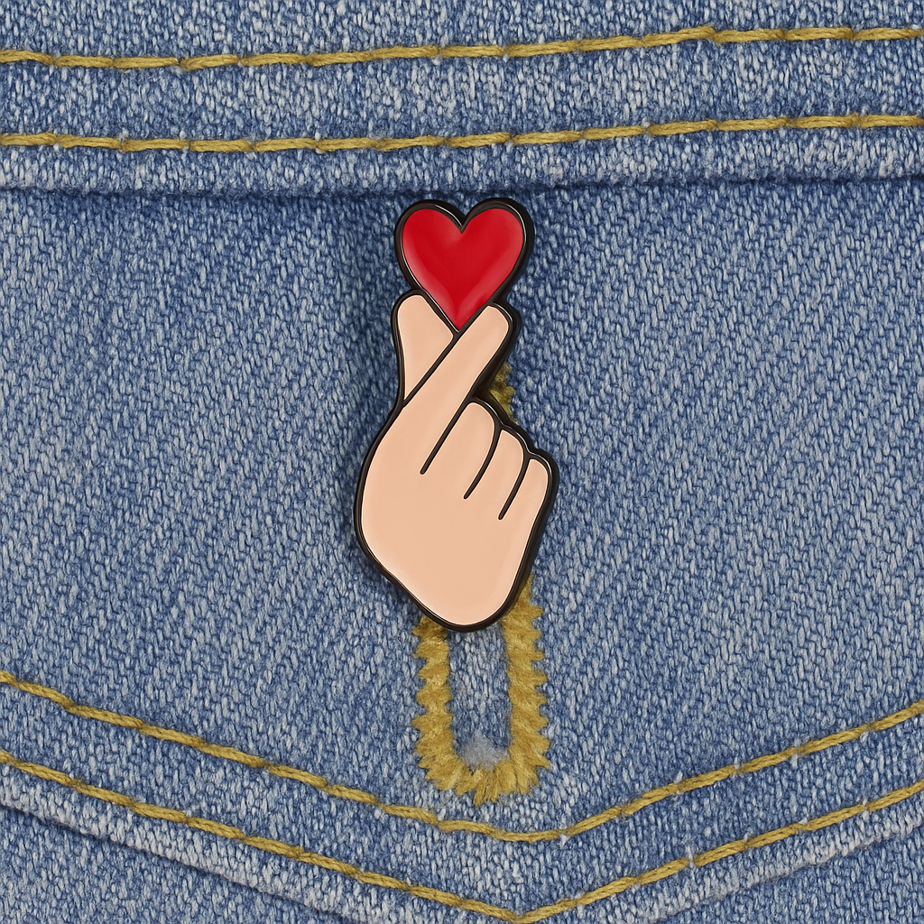 Pin’s coréen Finger Heart fixé sur veste en jean, bijou de mode inspiré de la K-pop