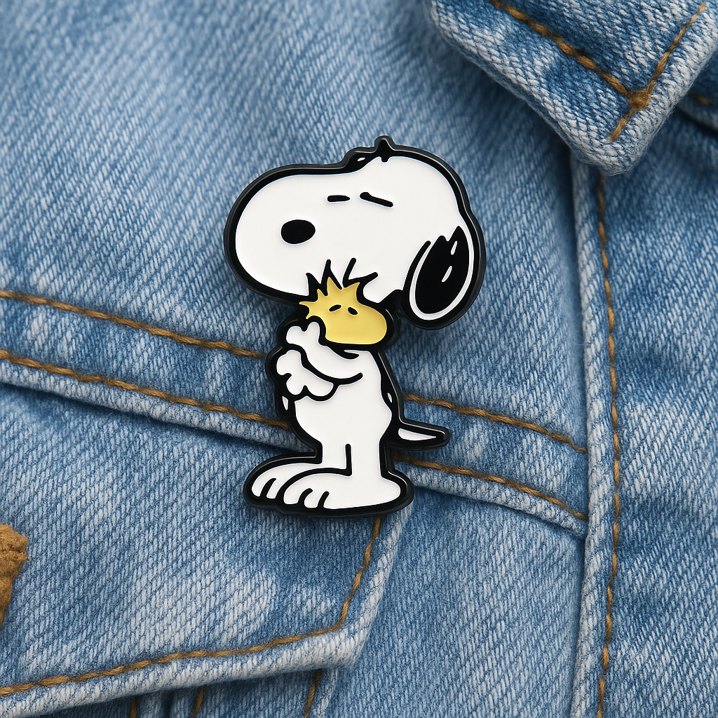 Broche Snoopy et Woodstock émaillée sur veste en jean, pin’s cartoon tendance pour accessoiriser sacs ou vêtements unisexes, style rétro pop culture.