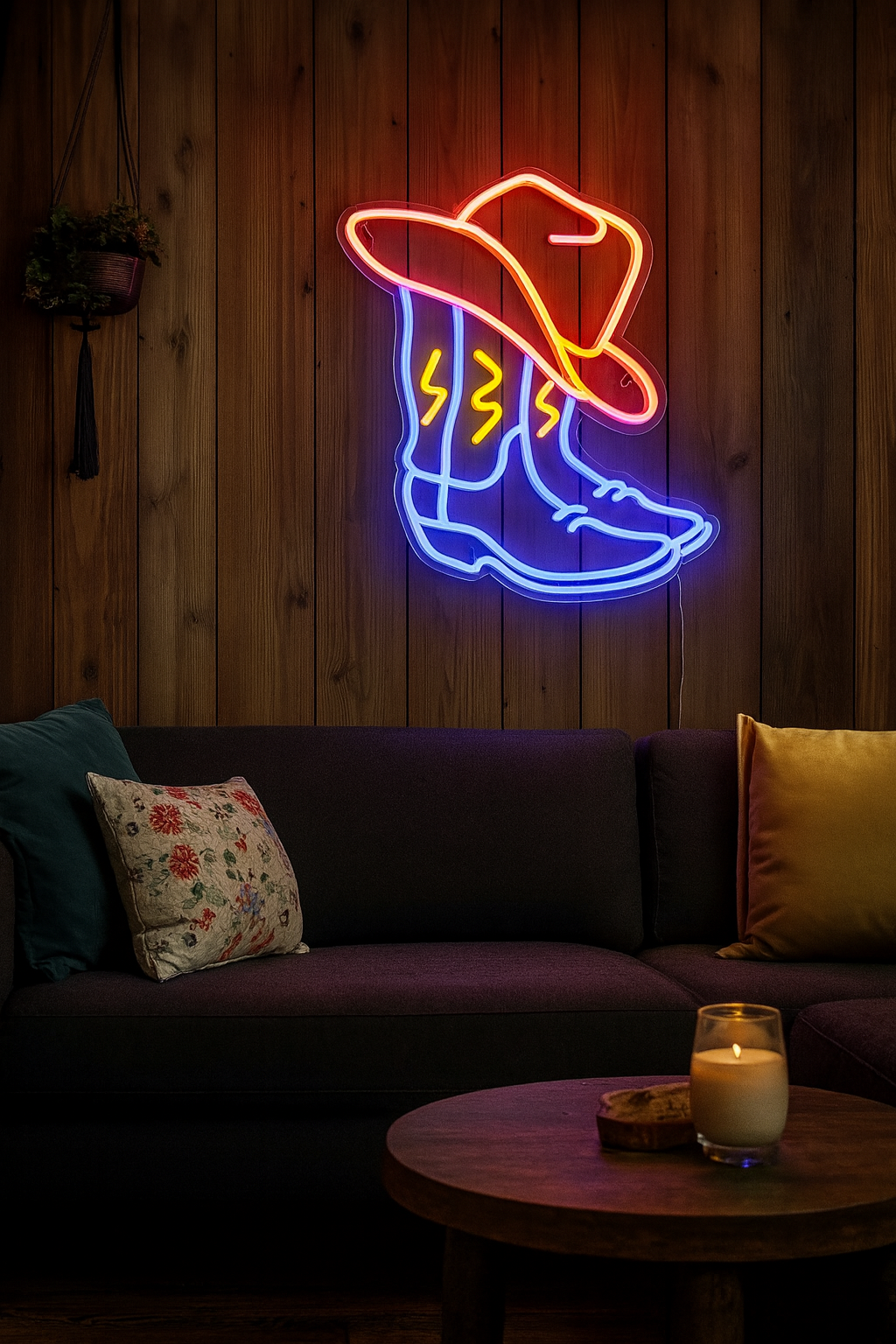 Décoration murale Néon Santiag LED, ambiance cosy et tendance Beyoncé, bottes cowboy et chapeau lumineux sur bois brut.