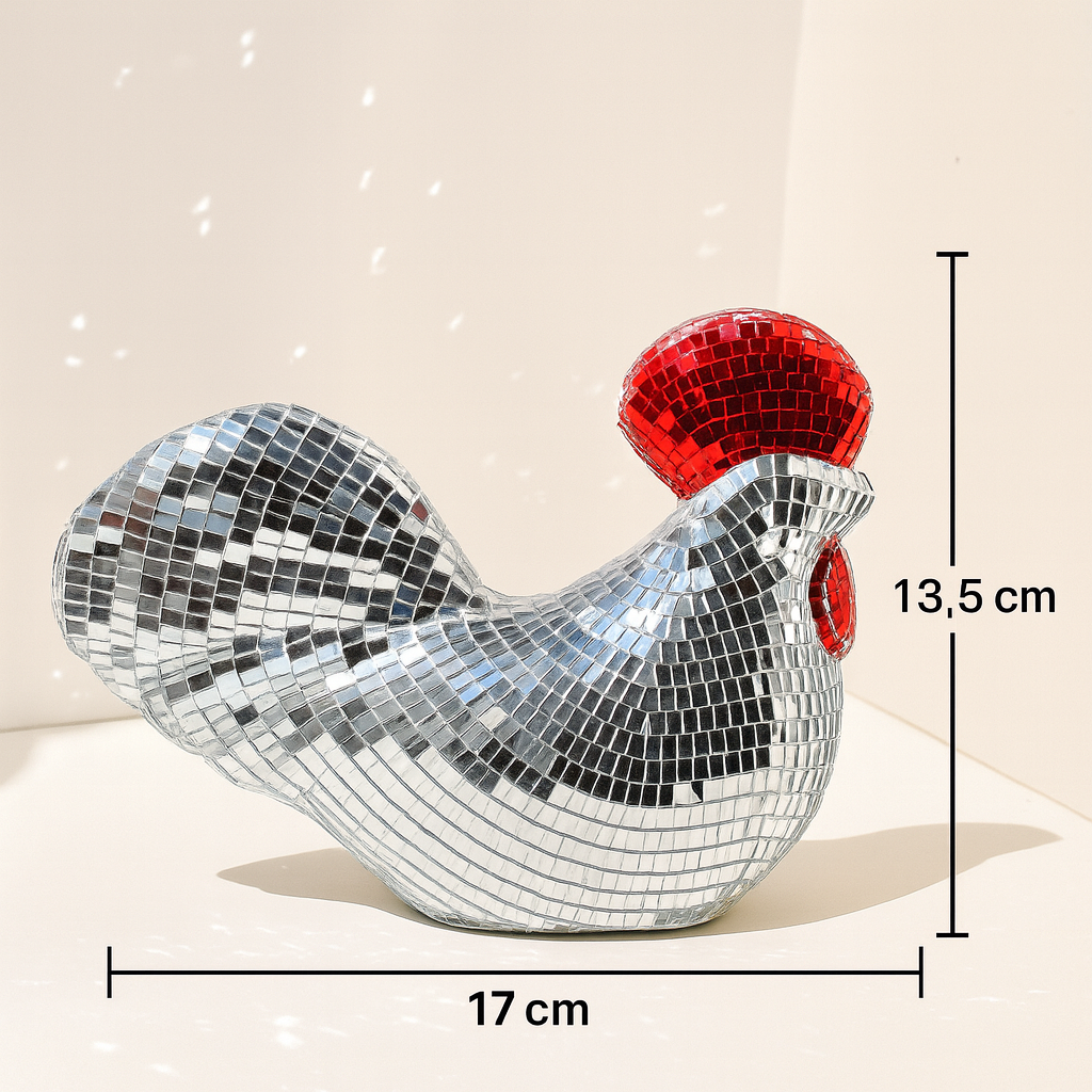 Coq Disco effet boule à facettes – décoration argent et rouge pour maison originale