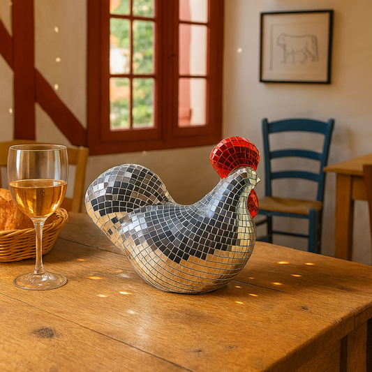 Coq Disco miroir argenté avec crête rouge sur table en bois – décoration originale lumineuse