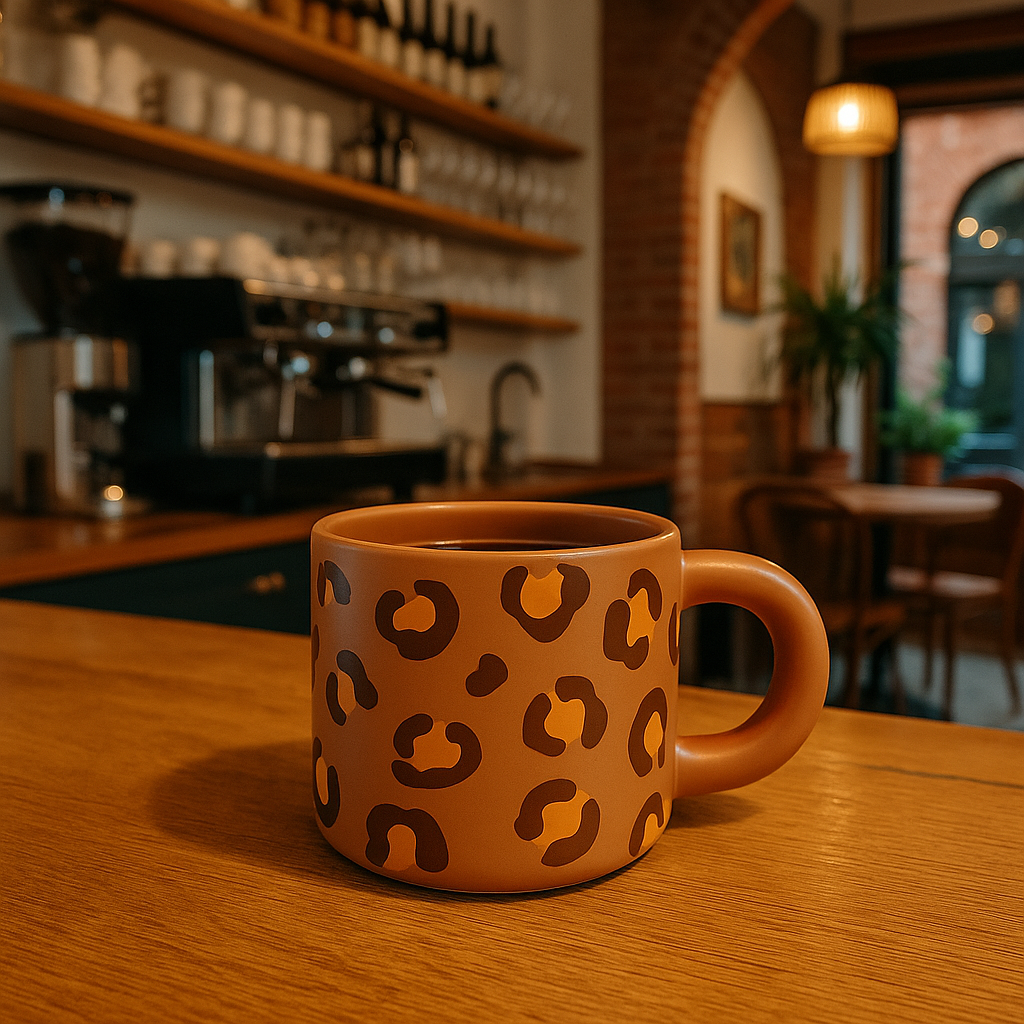 Mug Léopard dans un coffee shop, tasse tendance imprimé animal pour pause café