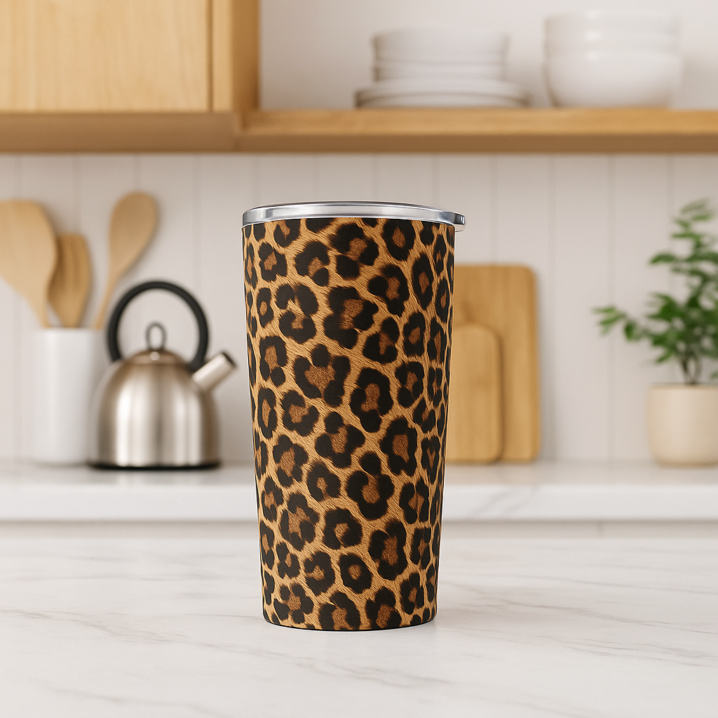 Thermos Léopard marron posé dans une cuisine scandinave – tasse isotherme en inox durable