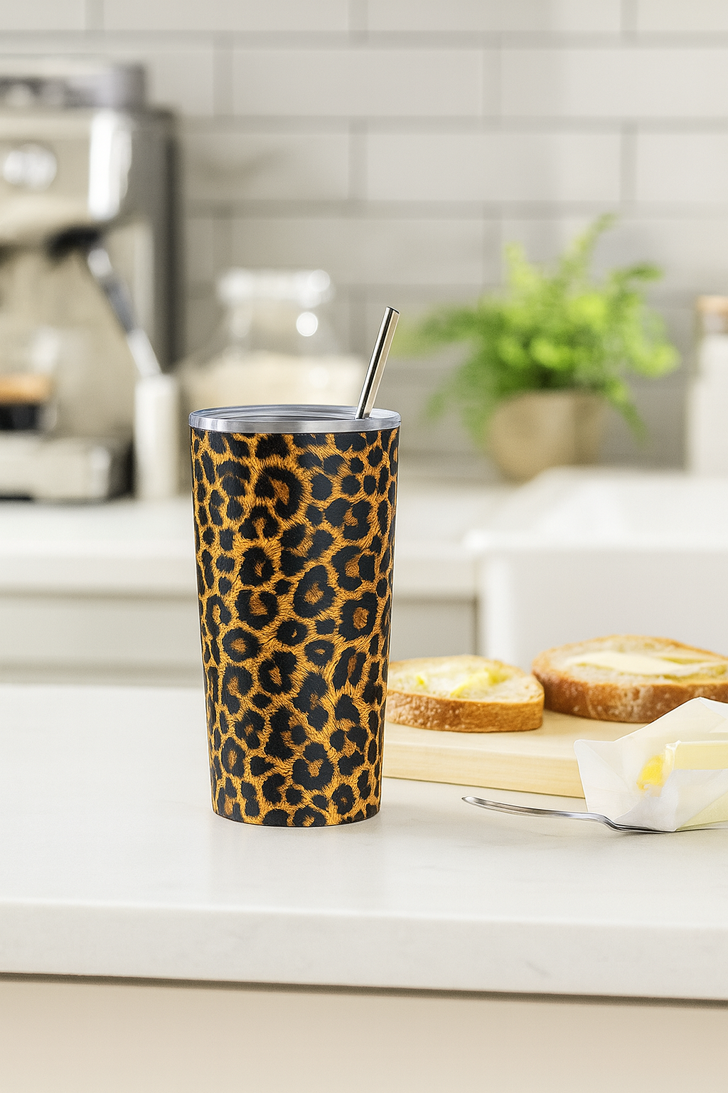 Thermos Léopard clair avec paille inox réutilisable – mug isotherme chic en acier inoxydable