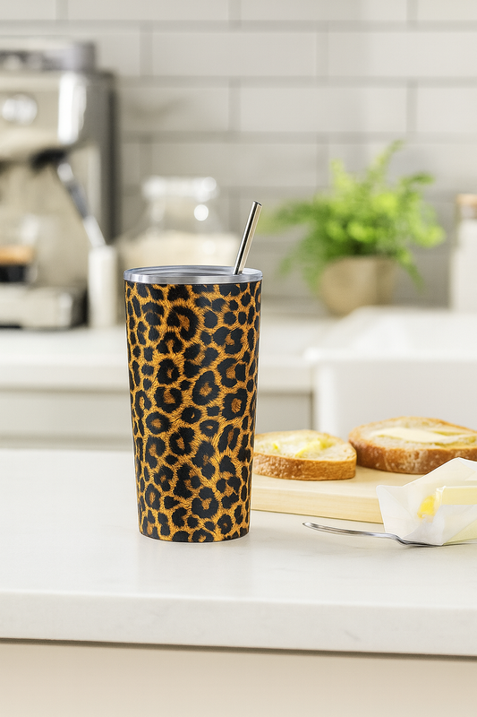 Thermos Léopard clair avec paille inox réutilisable – mug isotherme chic en acier inoxydable