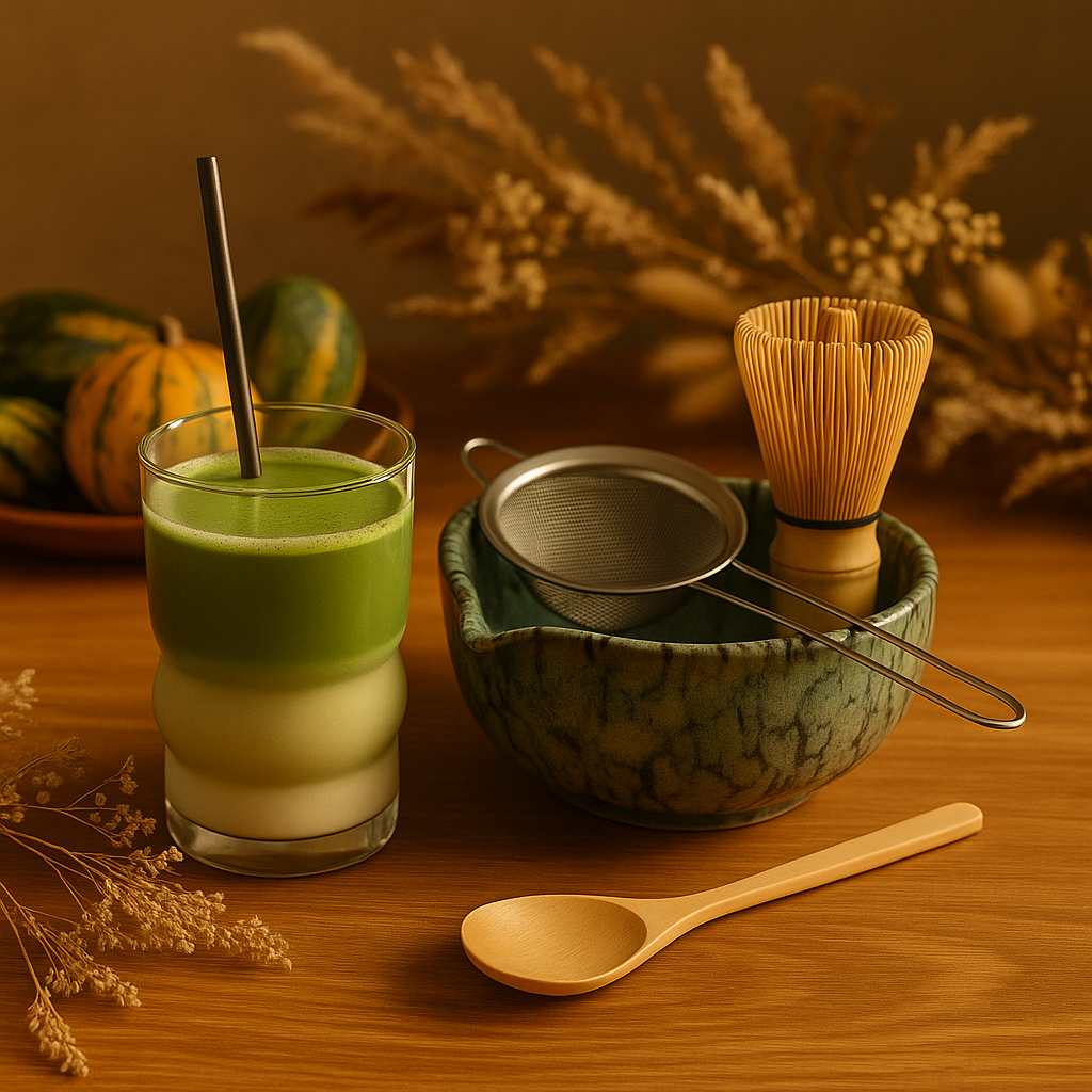 Kit matcha complet en céramique artisanale vert marbré avec fouet en bambou chasen et bol chawan – coffret cérémonie du thé japonaise